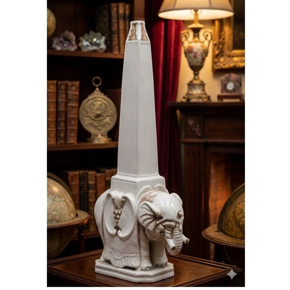 Ethan Allen Italian Ceramic Elephant Obelisk Statue 23" Ivory Decor Sculpture